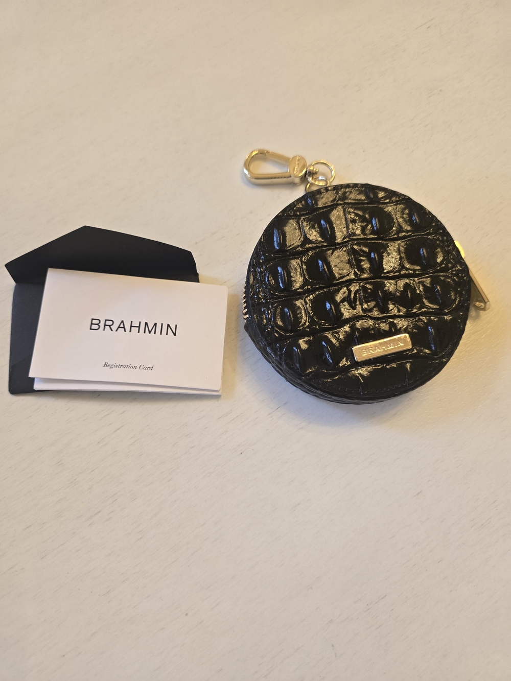 Brahmin Black Croc-Embossed Round Coin Pouch with Key Clip